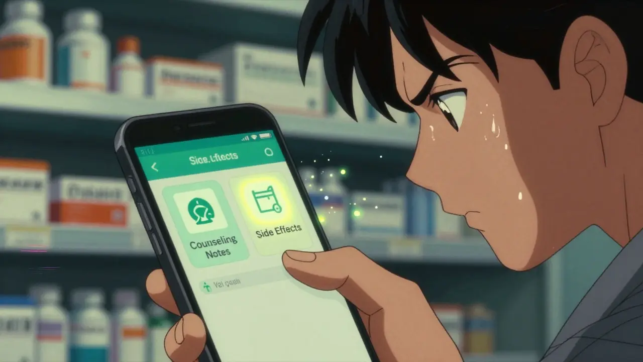 Hand tapping smartphone showing delayed pharmacy counseling notes on screen