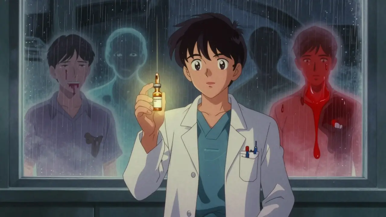 Hematologist holding glowing antidote vial as ghostly patient silhouettes fade behind them, retro anime style.