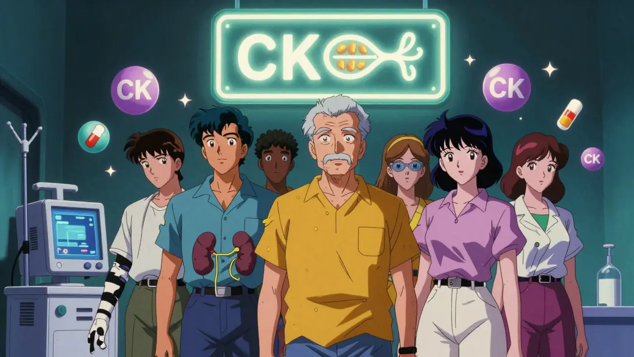 High-risk patients under glowing muscle fiber warning sign with floating CK levels