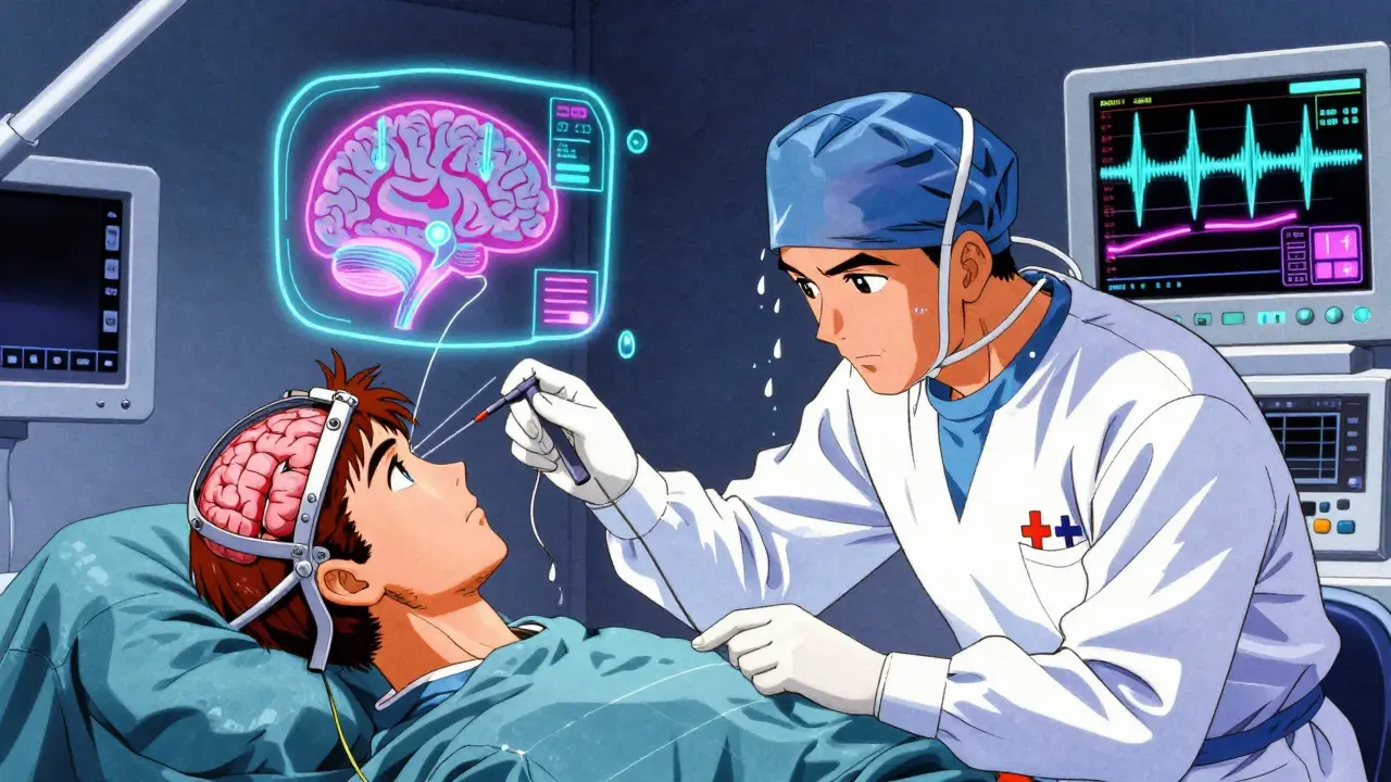 Neurosurgeon performing awake DBS surgery with holographic brainwave readouts.