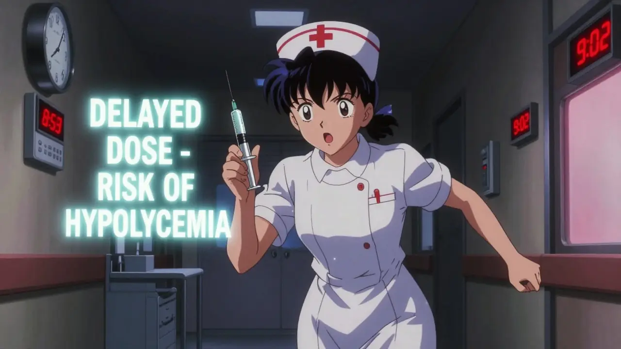 Nurse rushing with insulin syringe in hospital hallway as digital clocks show dangerous delay.