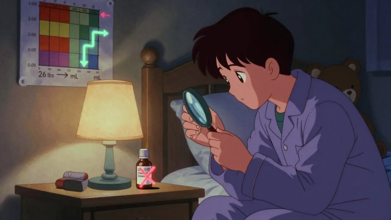 Parent checks medicine label at night with infant and children's bottles side by side
