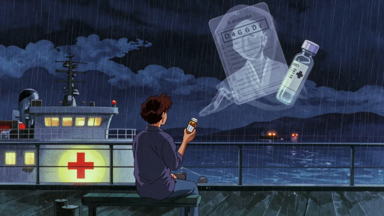 Passenger on deck at night holding empty pill bottle under rainy sky