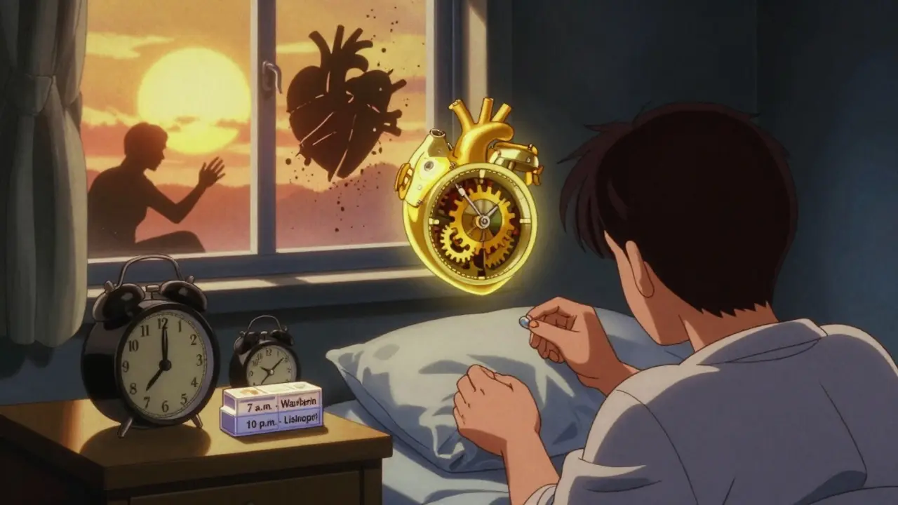 Patient taking morning and nighttime pills beside labeled organizer, glowing heart syncing with sunrise.