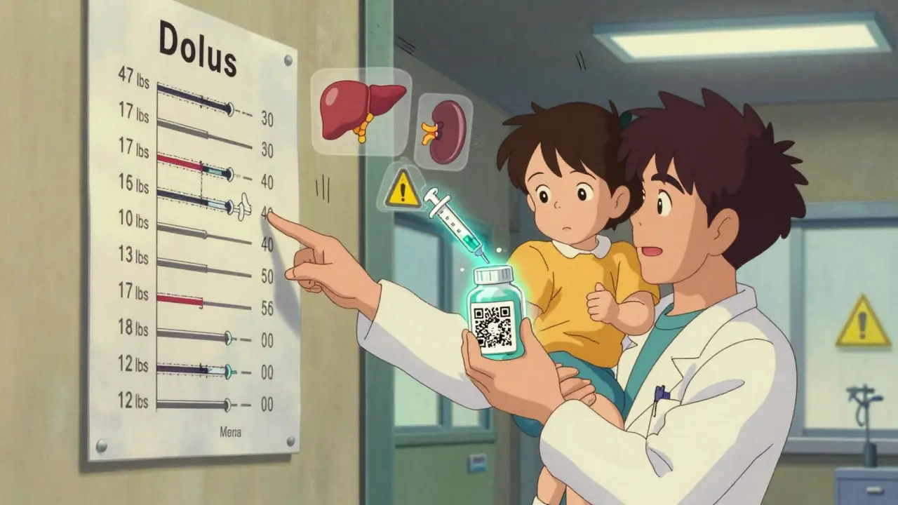 Pediatrician explains weight-based dosing chart to parent with QR code glowing nearby