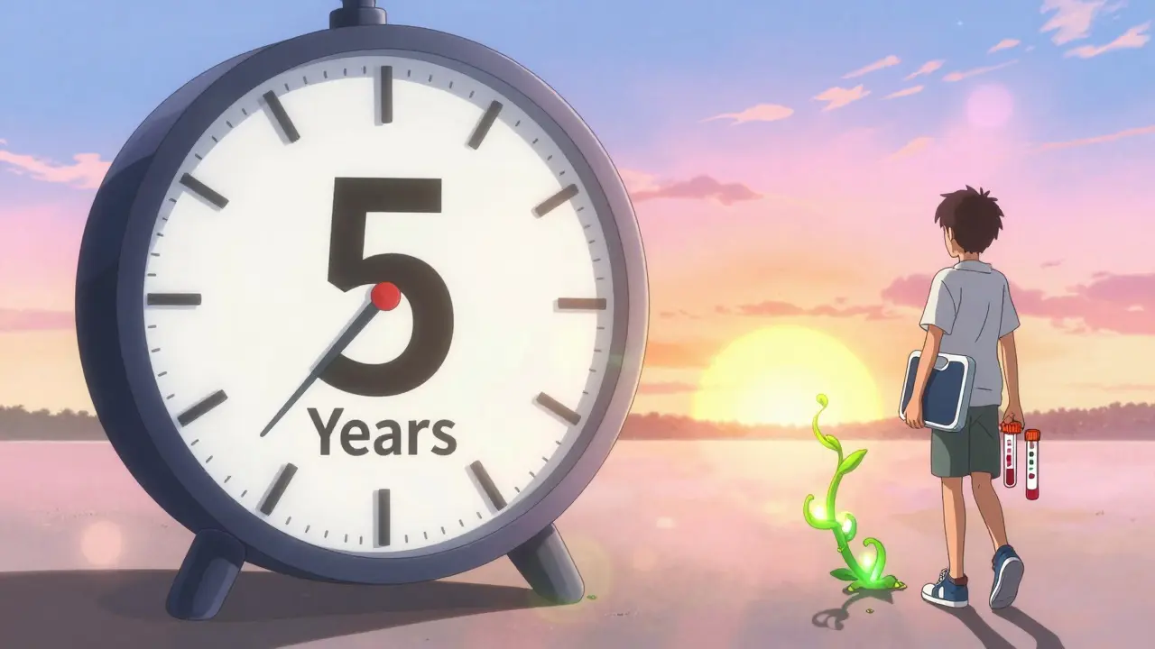 Person facing a countdown clock as their healthier self walks toward sunrise.