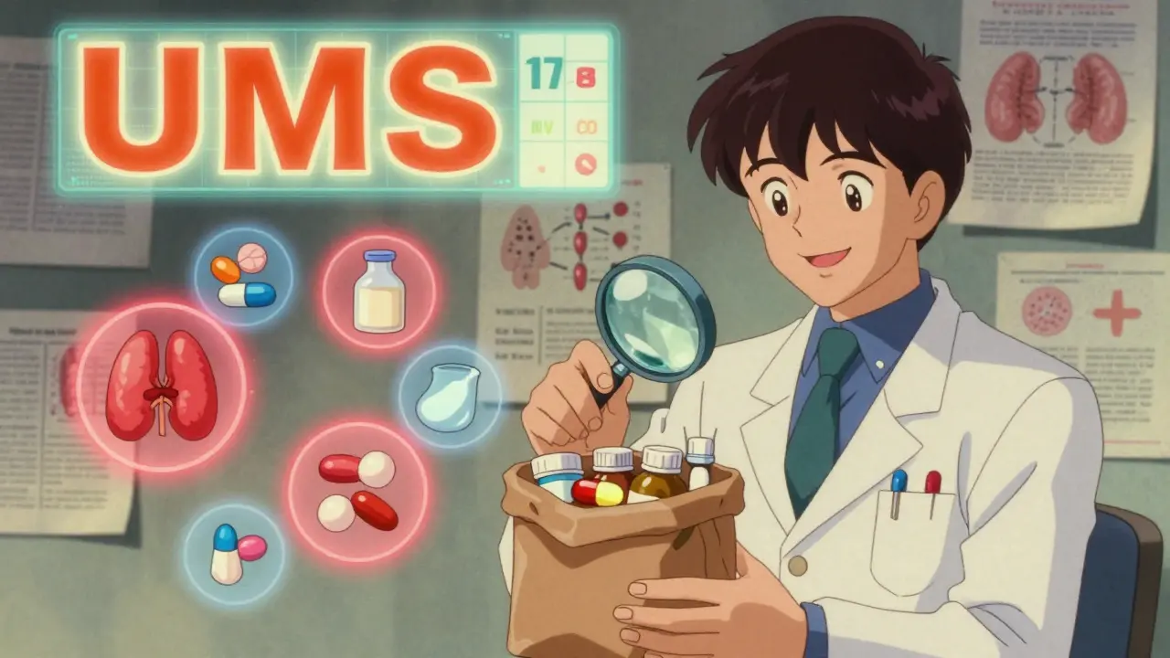 Pharmacist reviewing medication bottles with glowing interaction warnings and UMS time grid above.