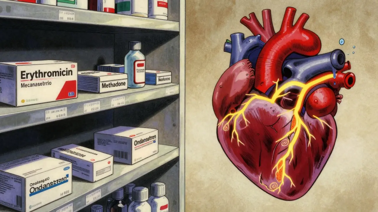 Pharmacy shelf and heart with electrical pathways spiraling dangerously