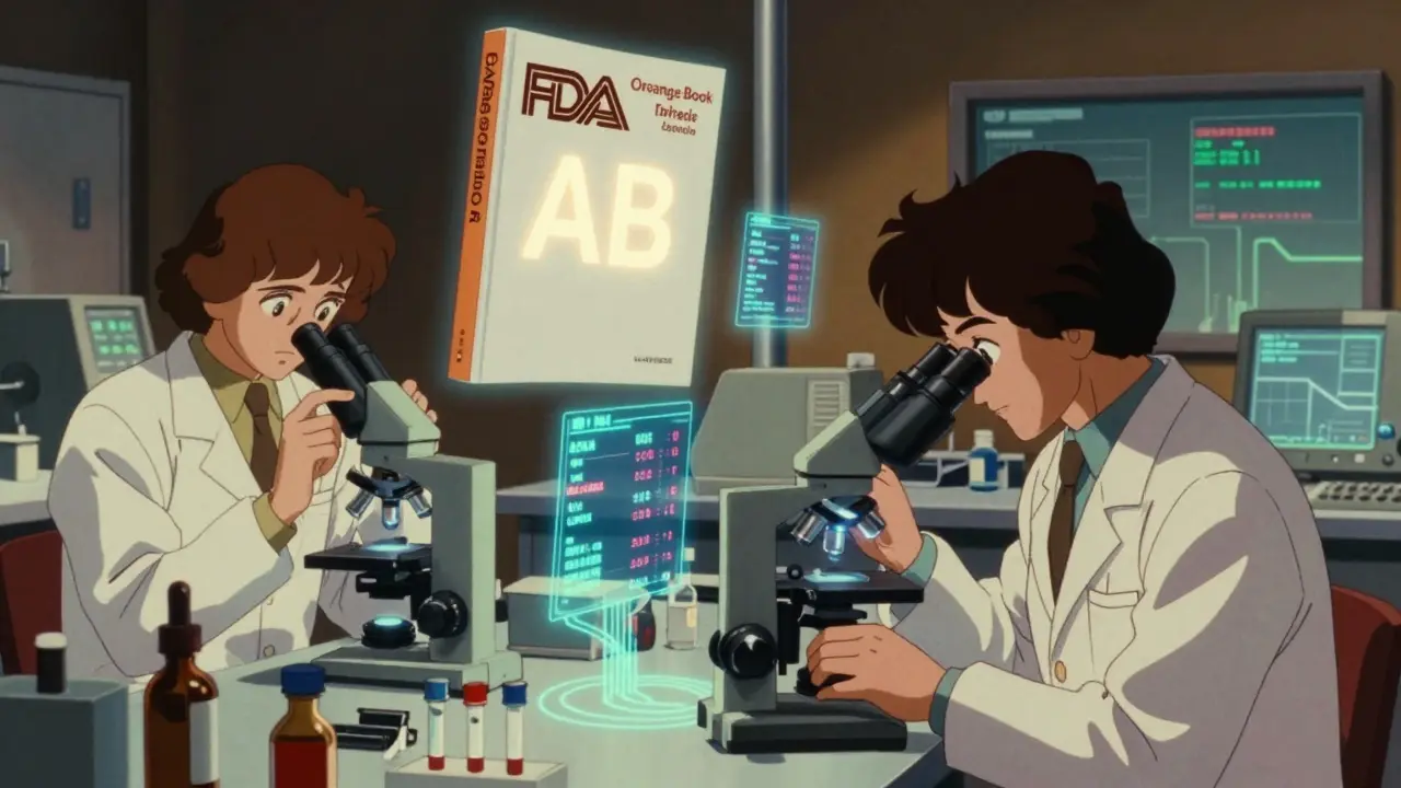 Scientists in 80s lab coats analyzing blood samples with holographic bioequivalence data