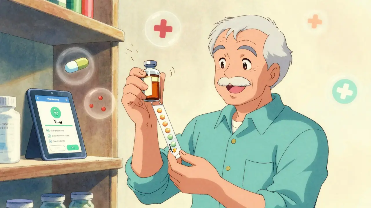 Senior man switching to liquid medication and dissolvable film as safer alternatives.