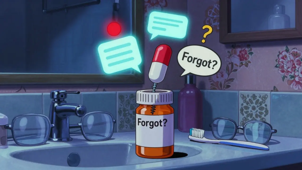 Smart pill cap on a bottle with floating digital alerts in a vintage bathroom setting.