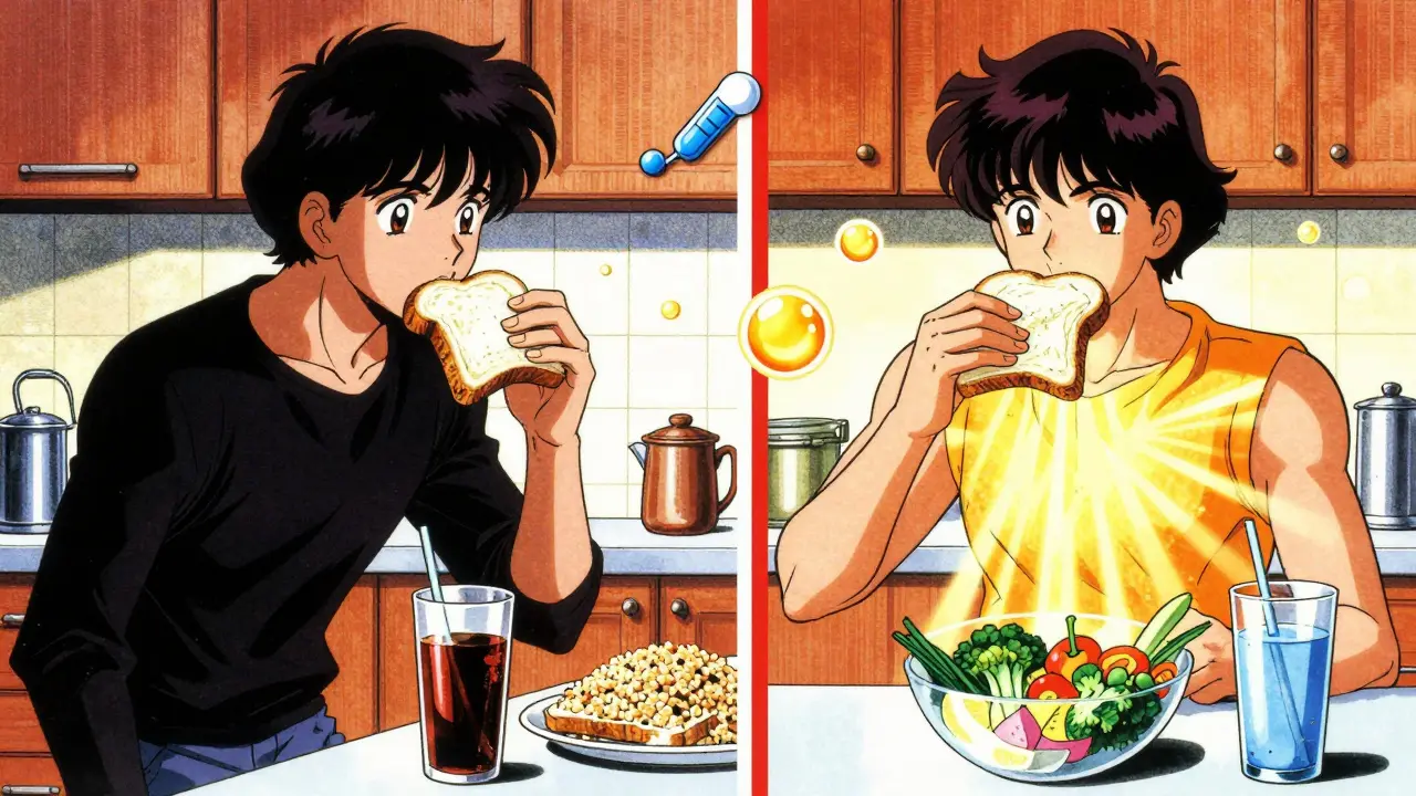 Split kitchen scene: unhealthy food vs. healthy swap with glowing insulin icons.