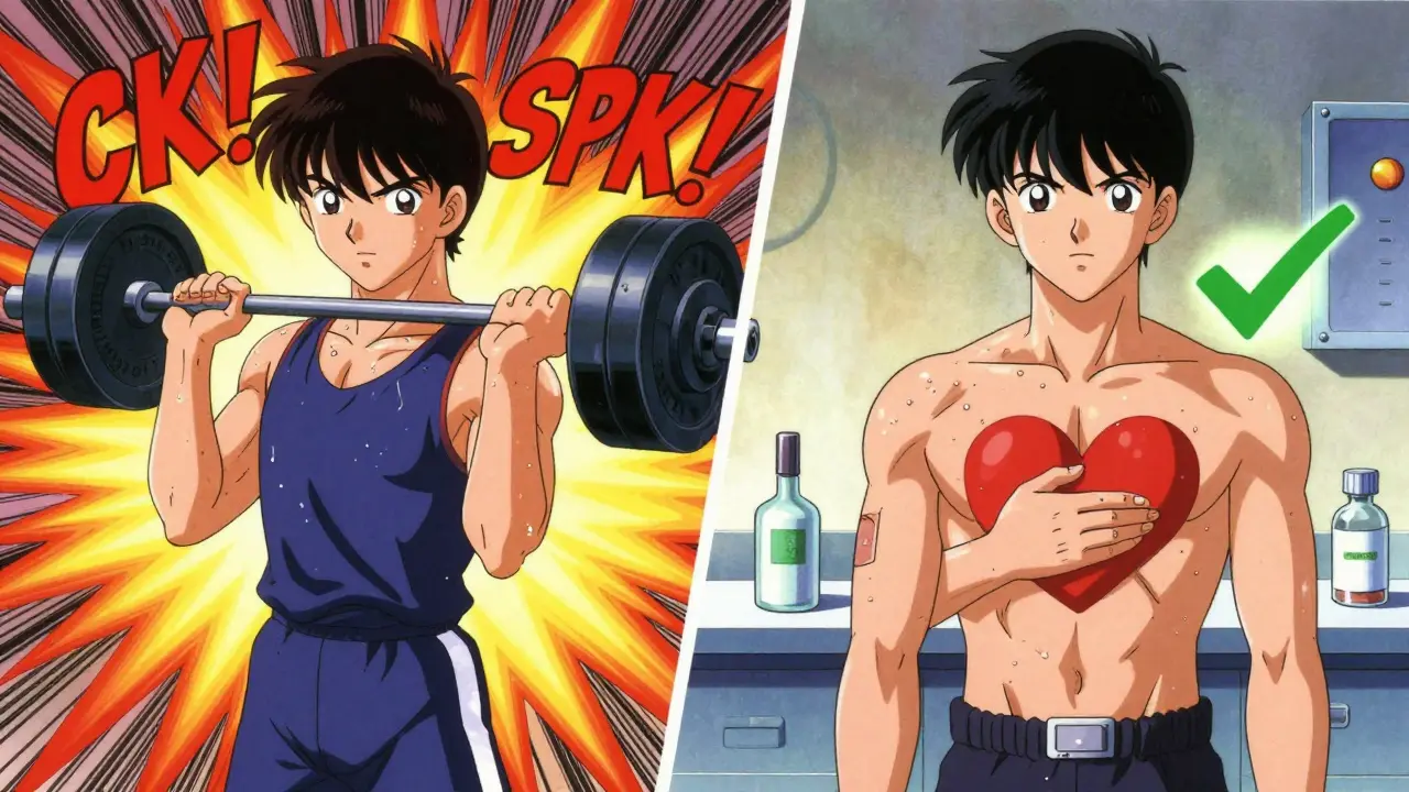 Split scene: athlete exercising vs. same person safely taking statins with a green checkmark above heart.