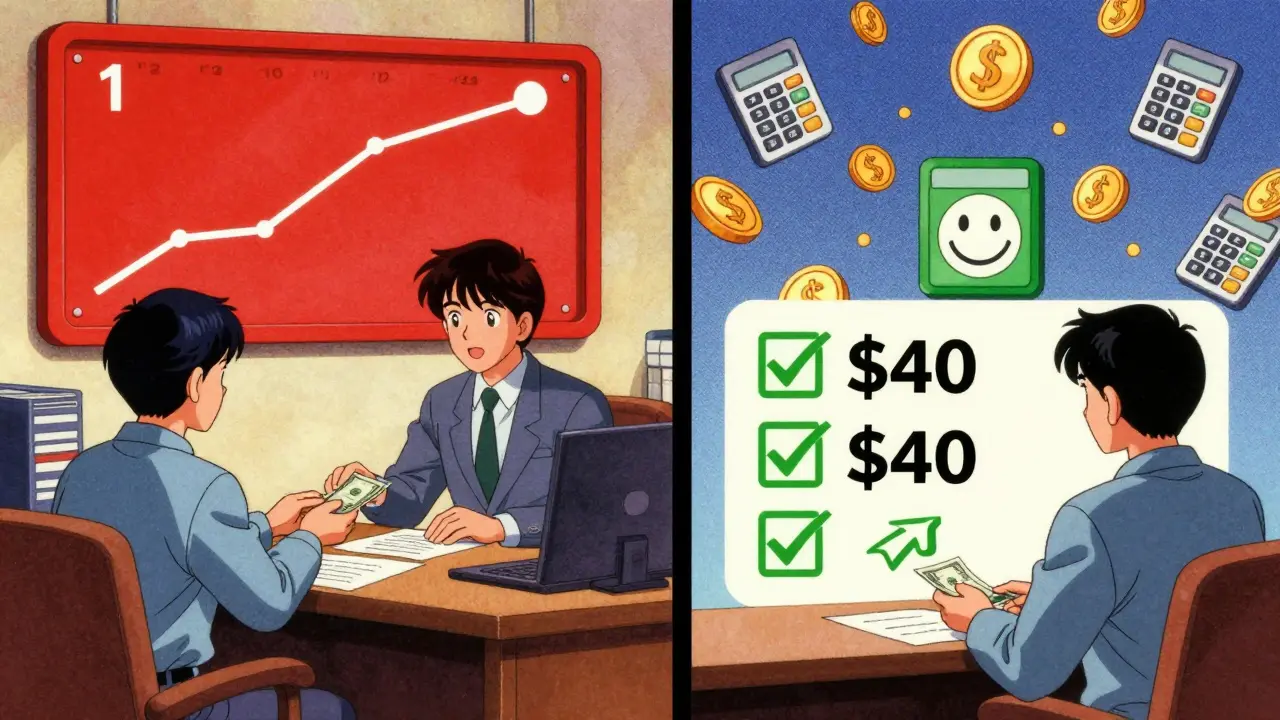 Split scene showing high upfront therapy payments versus lower copay after deductible, in retro anime style.