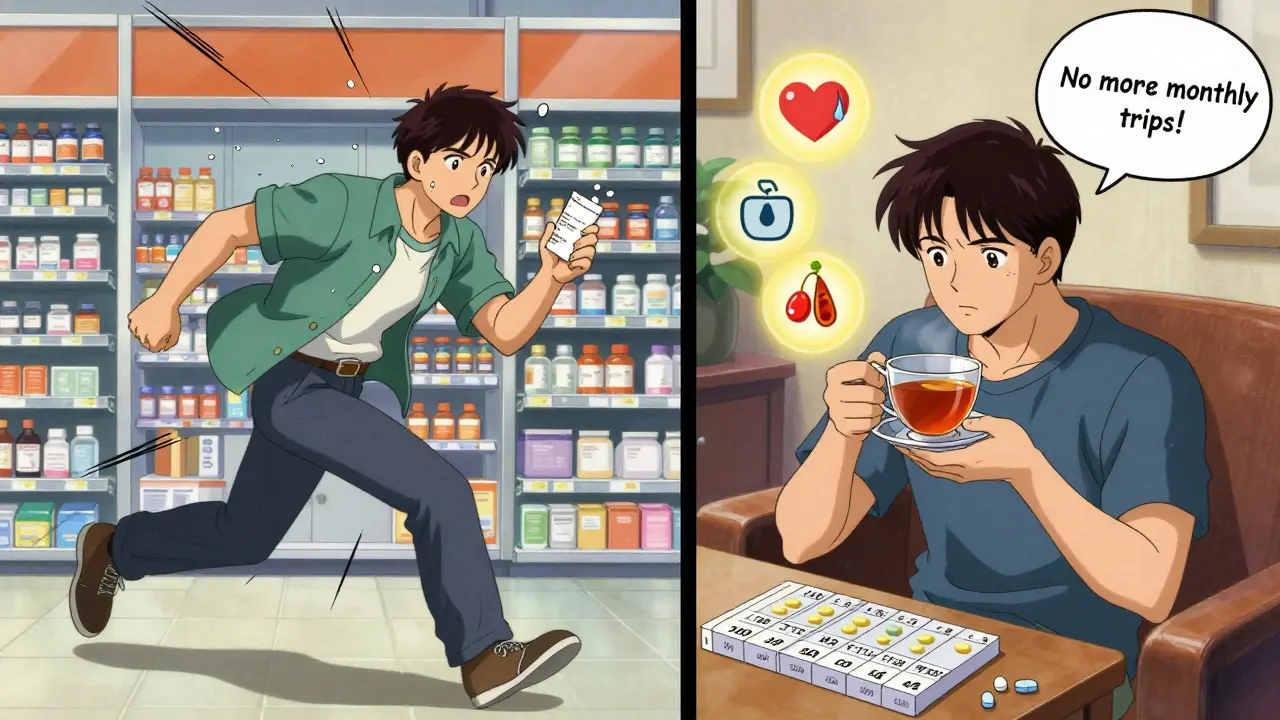 Split scene: stressed retail pharmacy visit vs. calm home medication routine.