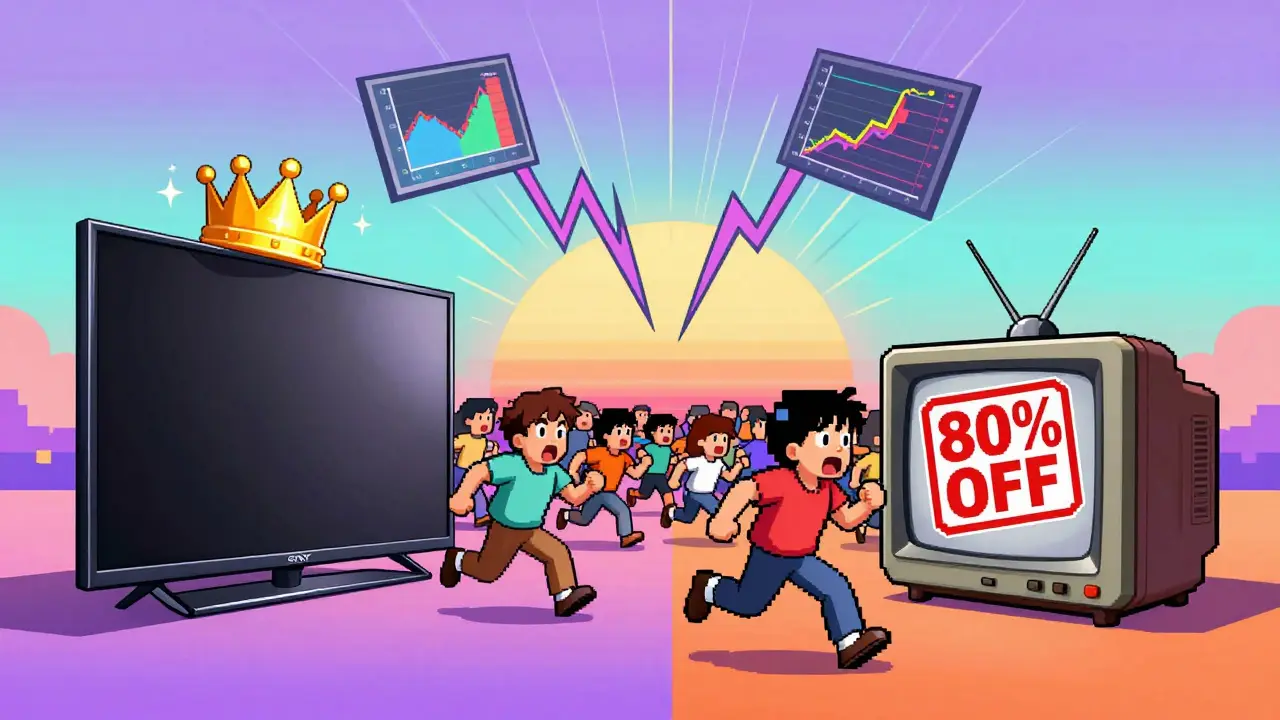 Split-screen anime battle: expensive TV vs. discount TV, customers rushing toward the cheaper option.