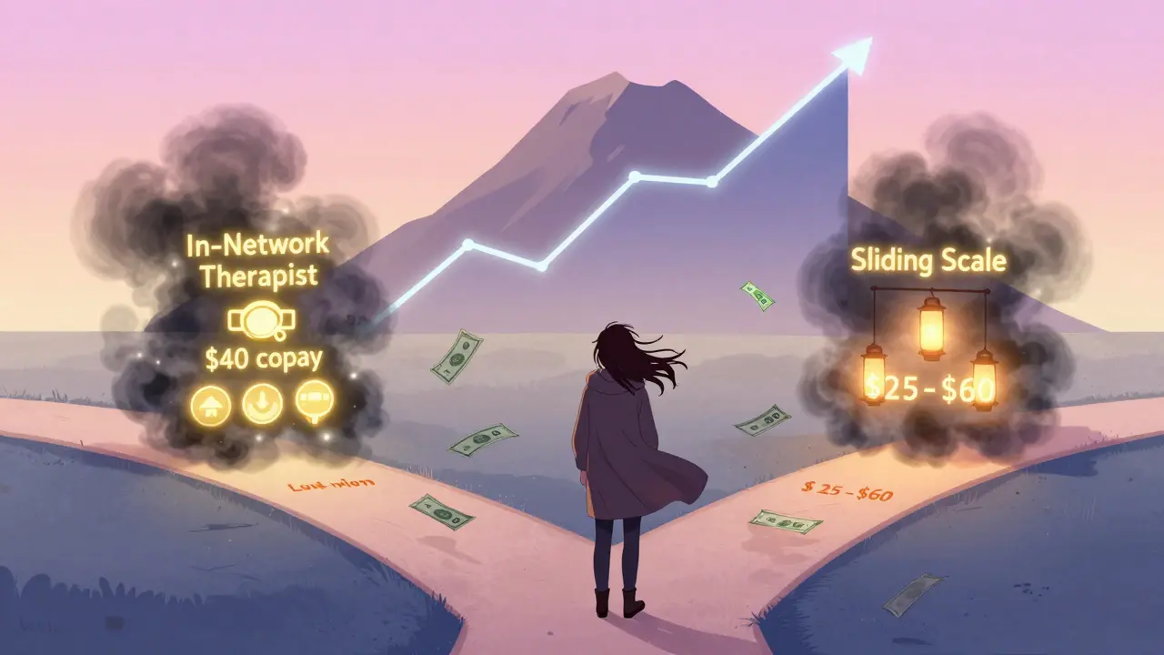 Three paths representing therapy cost options, glowing with different price symbols in retro anime style.