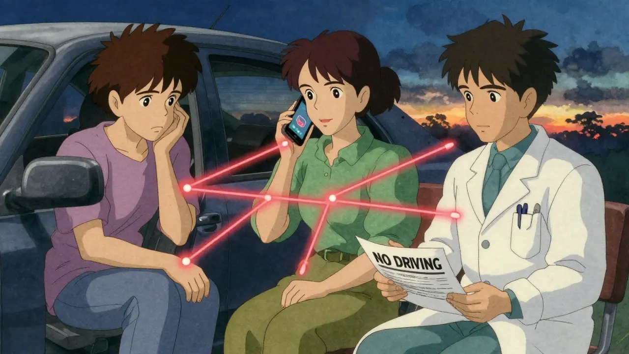 Three patients face choices about driving on opioids, connected by warning lines in a soft retro anime aesthetic.