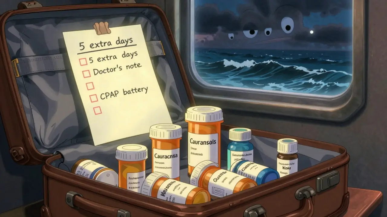 Traveler packing prescription bottles with checklist for cruise trip