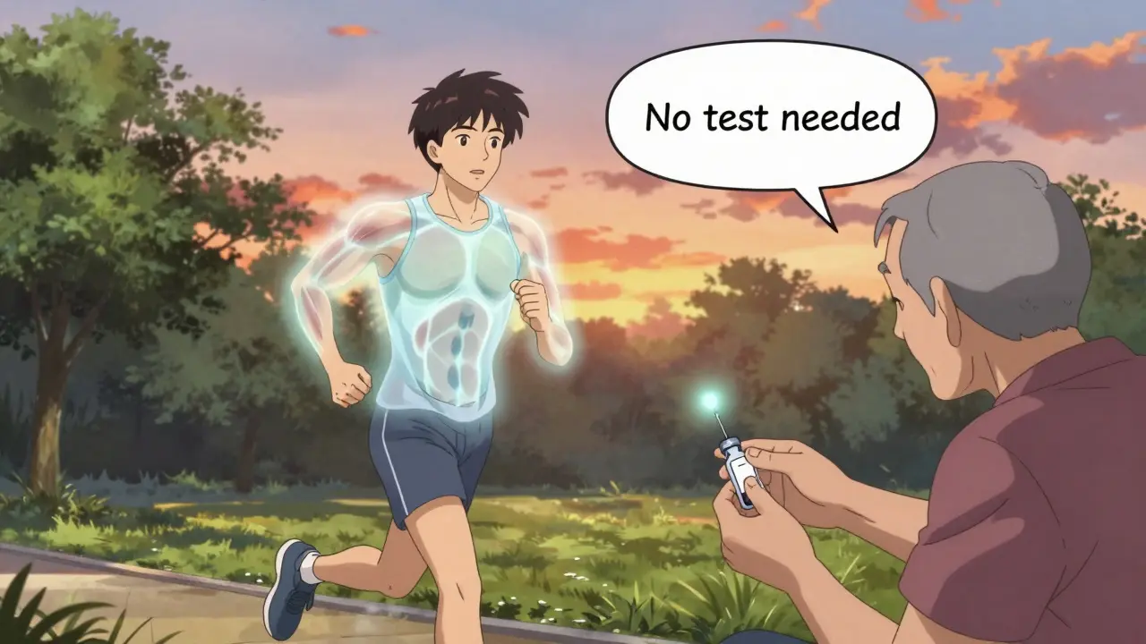 Young jogger with invisible CK cloud vs older patient getting blood test, anime style