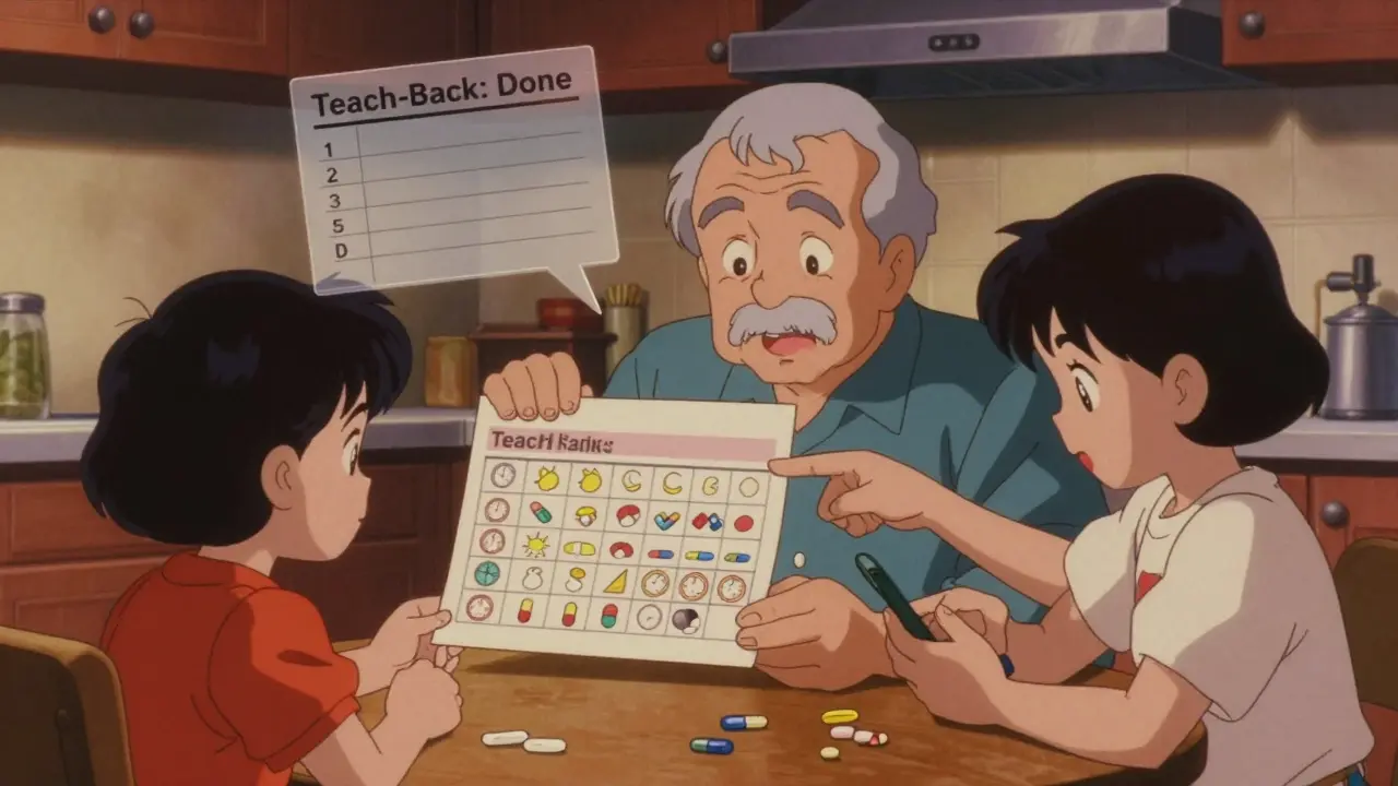 A family reviews a visual pill schedule with icons and alarms at the kitchen table during evening light.