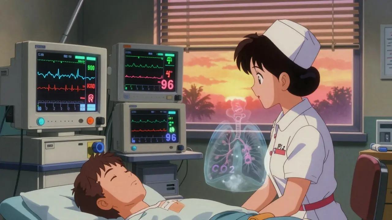 A nurse monitoring three medical screens with rising CO2 and steady oxygen levels, in retro anime style.