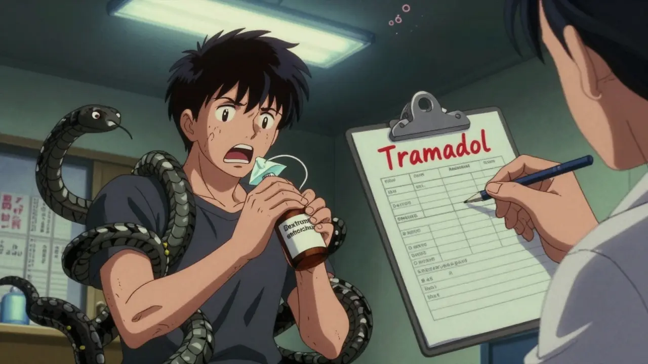 A patient holding cough syrup as serotonin snakes wrap around them, with a doctor hesitating over a dangerous prescription.