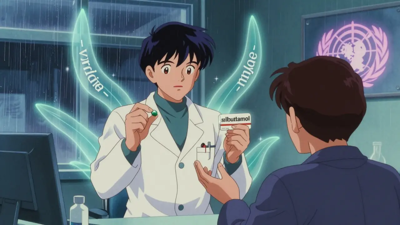 A pharmacist holding two pills labeled differently, with giant drug class stems glowing behind them.