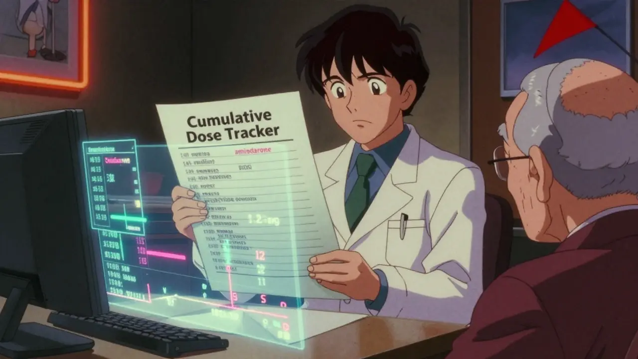 A pharmacist tracking cumulative drug doses on a vintage ledger with glowing holographic totals.