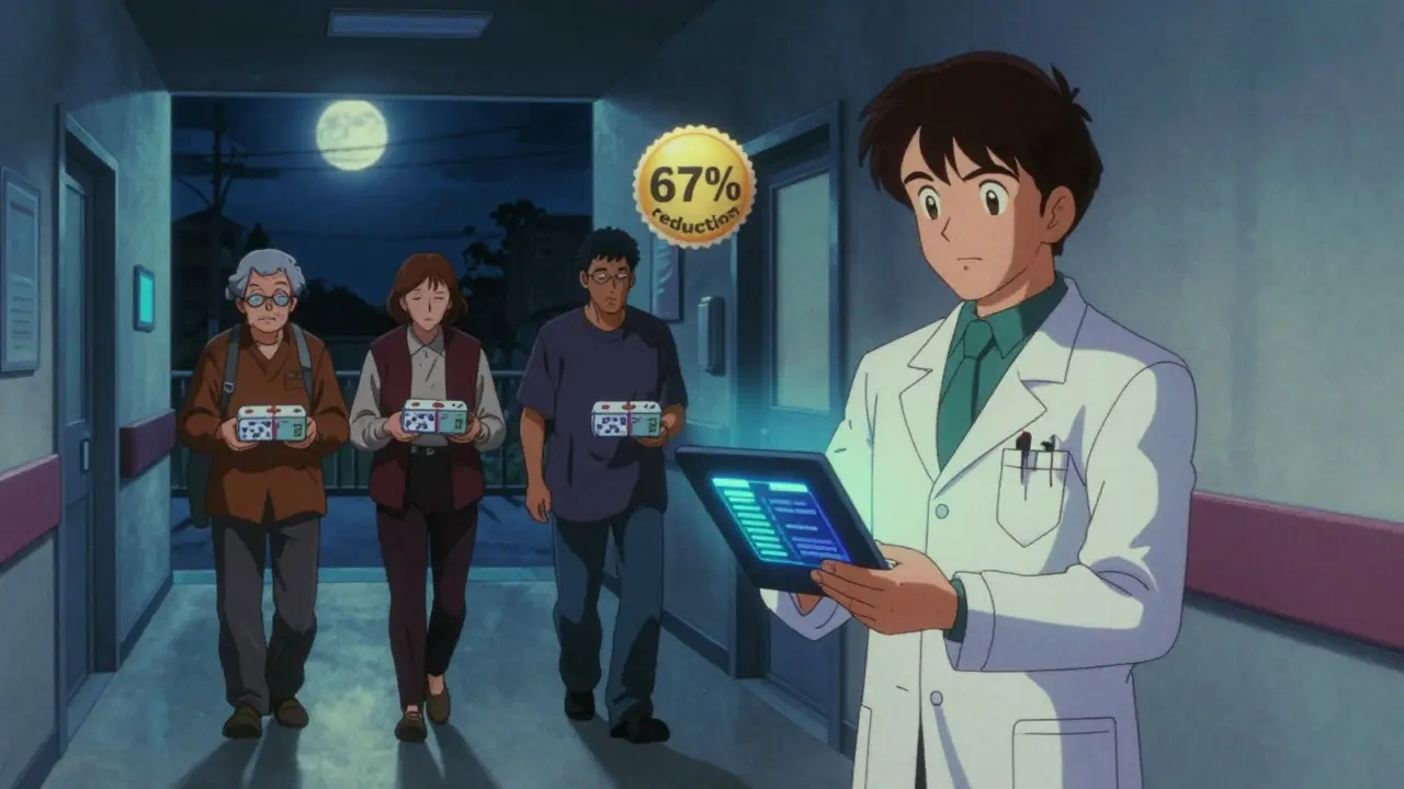 A pharmacist uses a glowing tablet to warn of drug interactions while patients walk home with pill boxes under a moon.