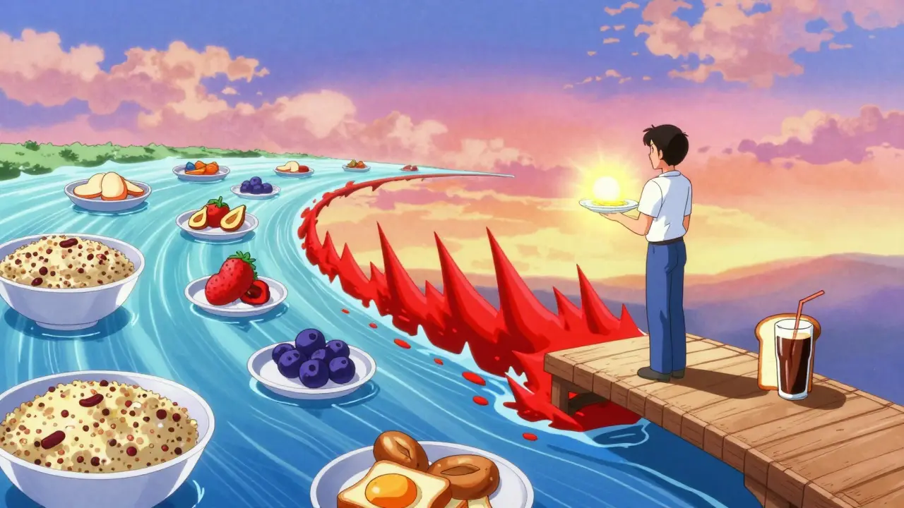 A symbolic river of blood sugar levels flowing calmly with healthy foods and spiking with sugary ones.