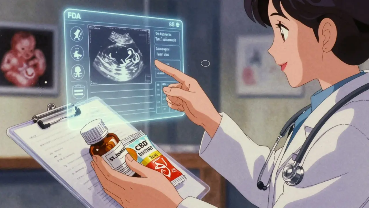 A woman placing herbal supplements into a medical folder as her doctor points to a safety chart on a holographic screen.