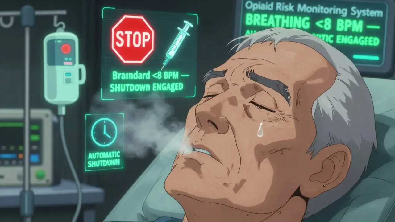 An elderly man’s face during sedation with warning icons and an automatic shutdown system glowing around him, in retro anime style.