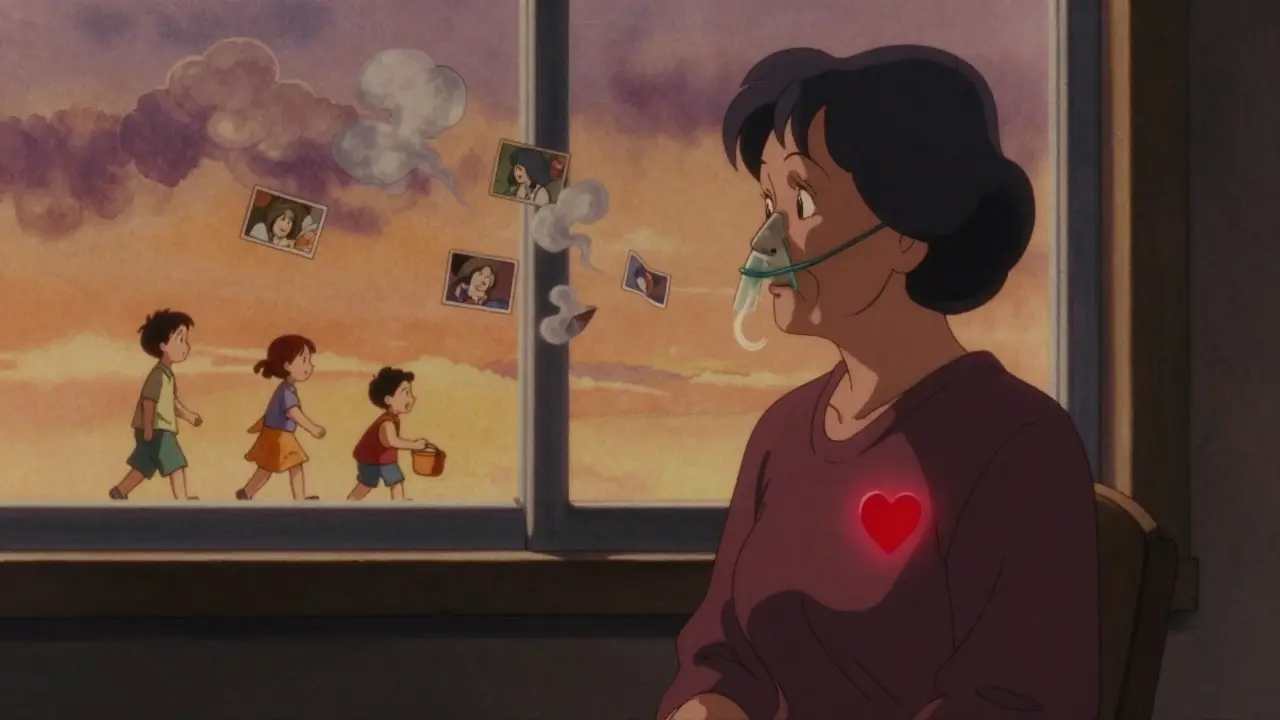 An elderly woman on oxygen at her window, fading memories of past activities around her in anime style.
