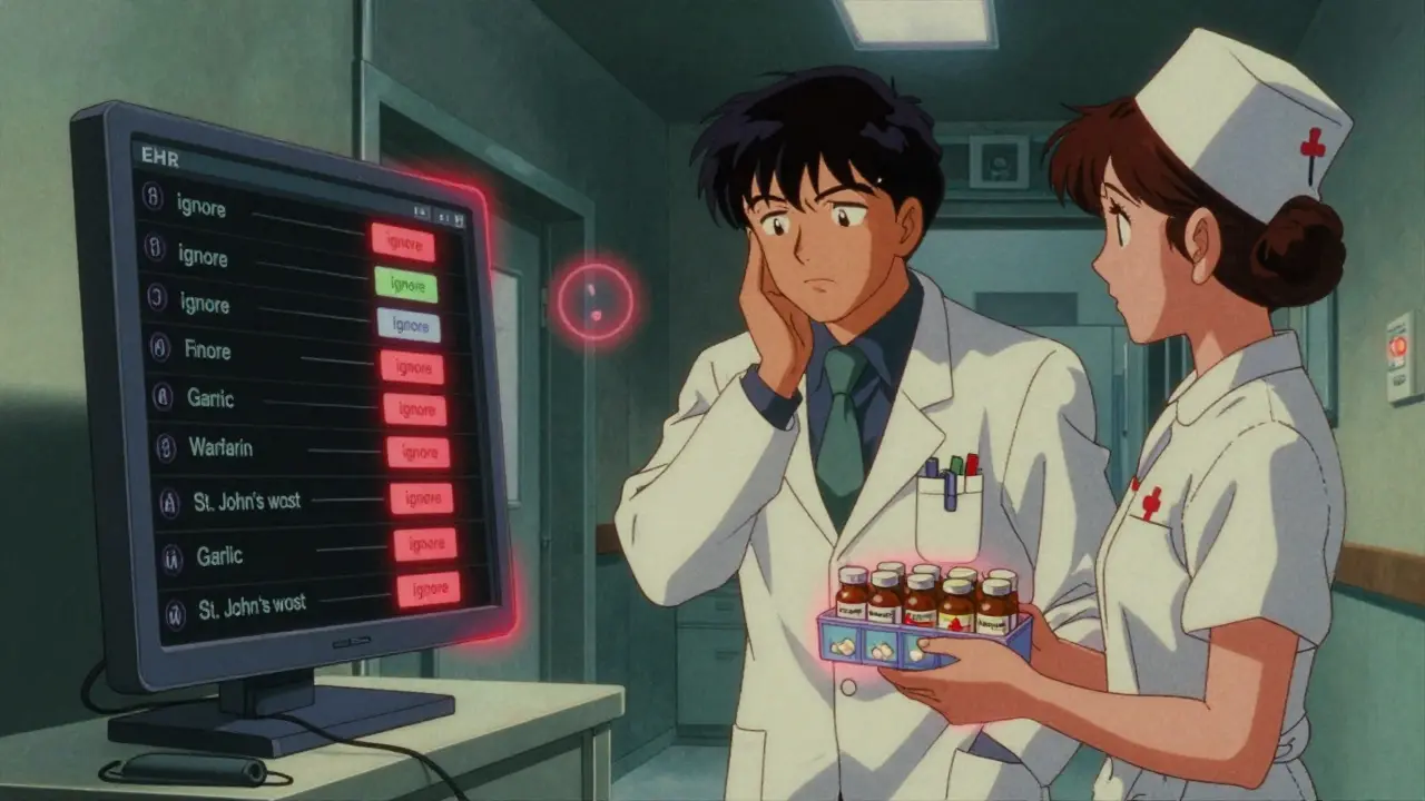 Doctor ignoring drug interaction alerts while nurse notices dangerous supplement combo