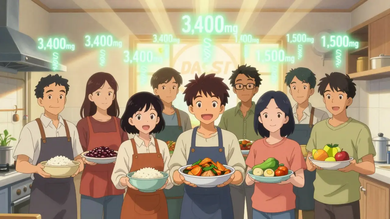 Group of people holding homemade meals as sodium levels drop, in warm retro anime style with glowing DASH logo.