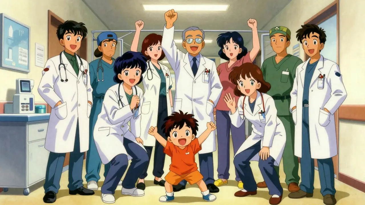 Healthcare team celebrating with child in hospital corridor