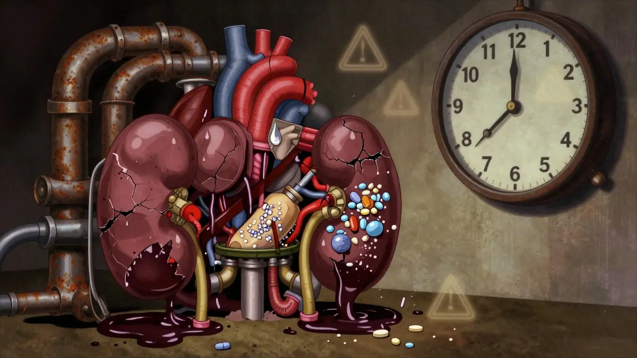 Internal organs depicted as rusted machinery clogged with drug deposits under a ticking clock.
