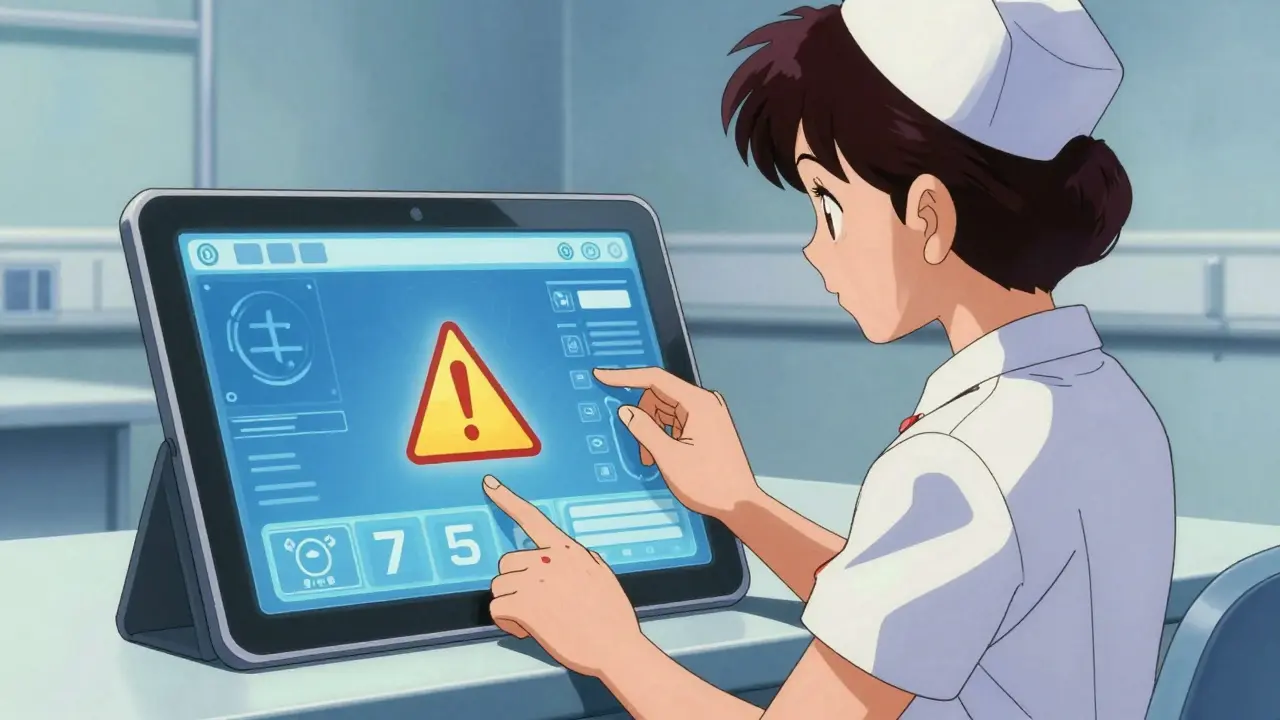 Nurse using tablet with warning icon on EHR system