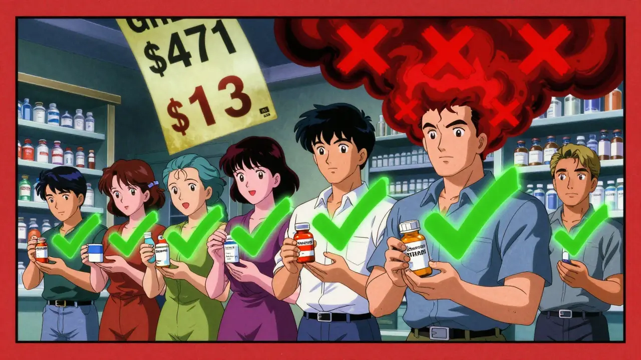 Patients in pharmacy with green checkmarks over generics, one clutching brand drug as prices fall dramatically.
