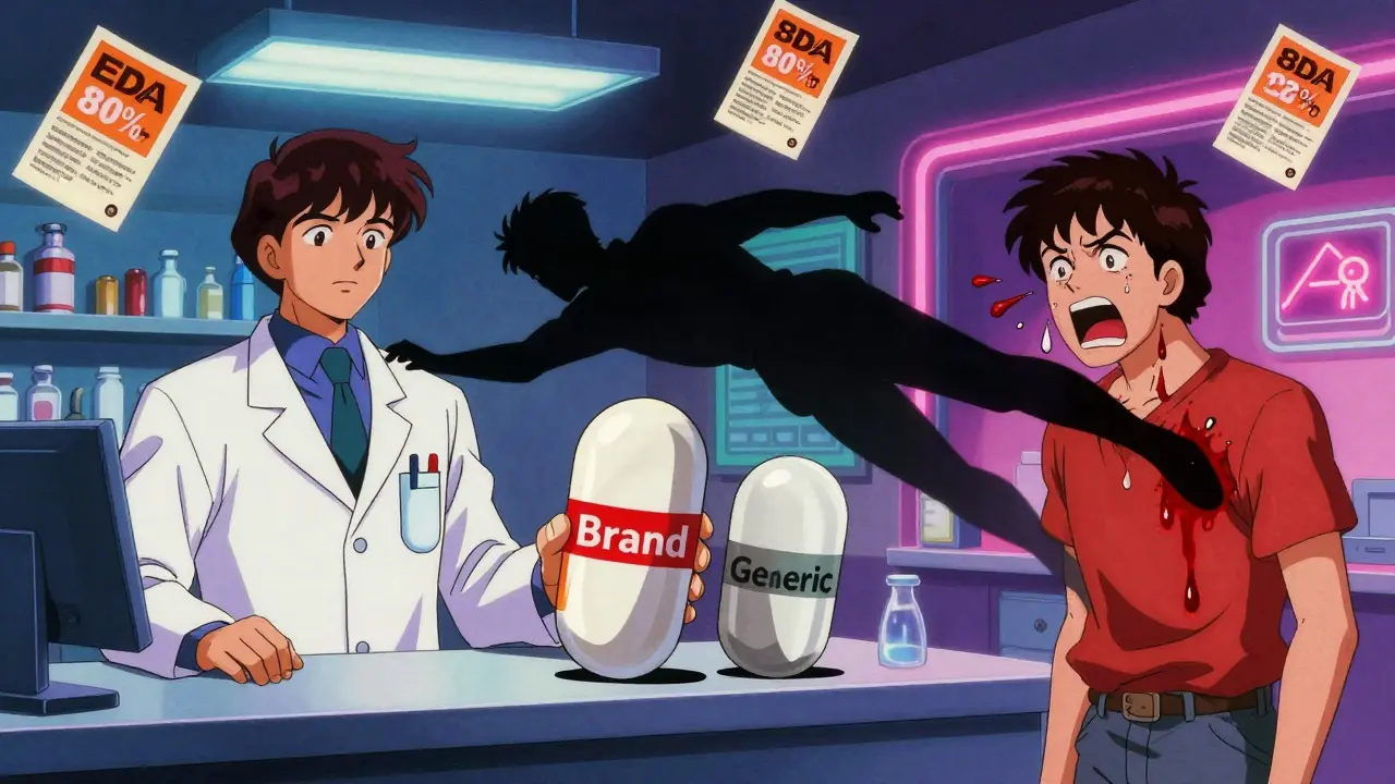 Pharmacist holding brand and generic pills, with split shadow showing health risks of substitution.