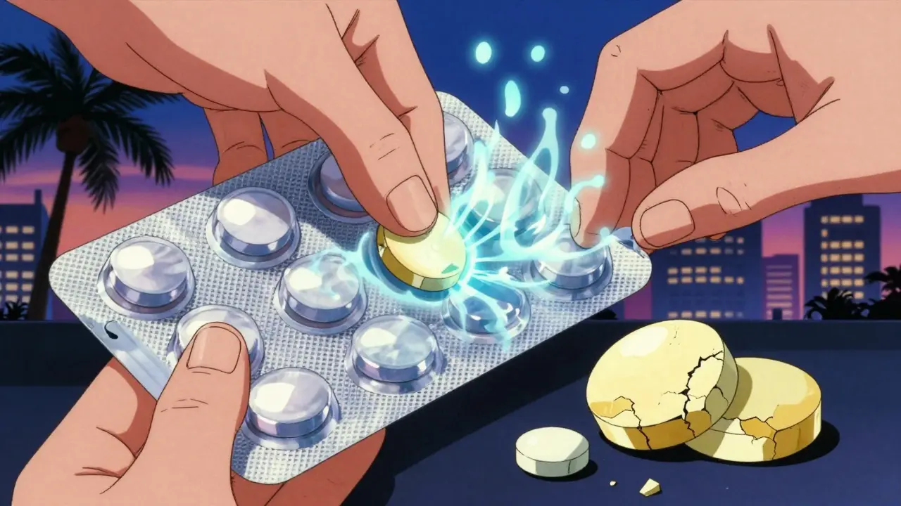 Pharmacist placing a protected tablet into sealed pack while damaged pills crumble nearby, tropical city in background.