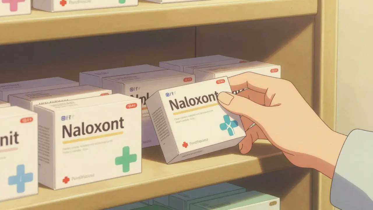 Pharmacy shelf with naloxone kits available without prescription
