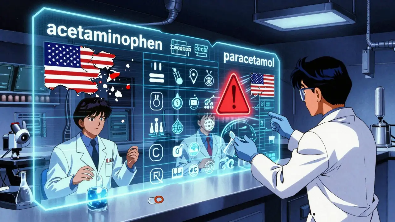 Scientists examining holographic drug names 'acetaminophen' and 'paracetamol' with warning symbols flashing.