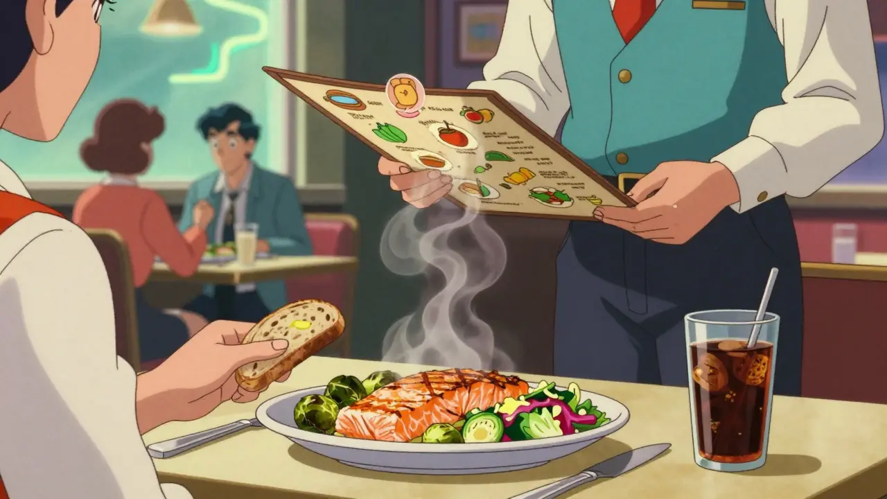 Someone ordering grilled salmon and salad at a restaurant, declining bread and soda.