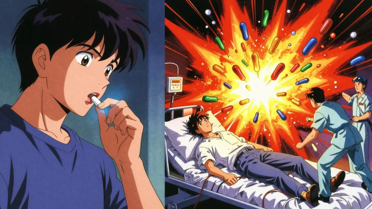 Split scene: one side calm with safe pain relief, the other violent ER chaos, both in retro anime aesthetic.