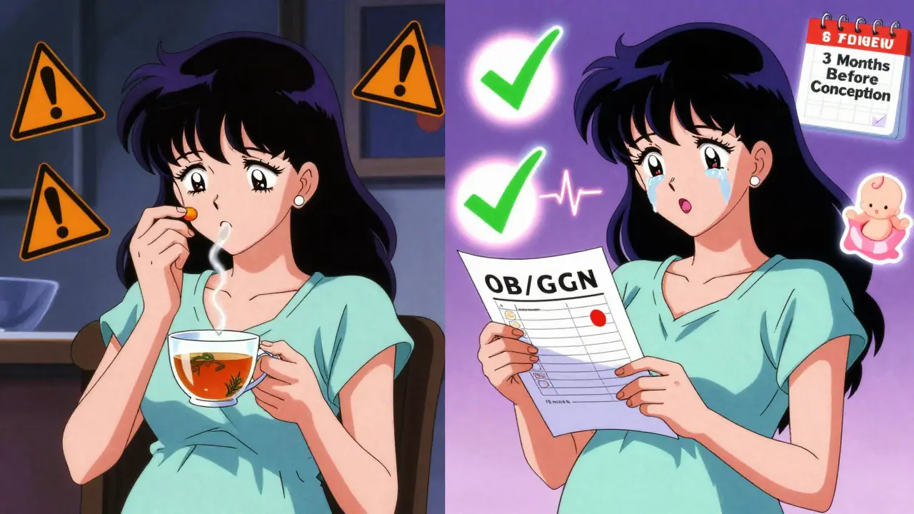 Split scene: one side shows worry over medications, the other shows confidence during a prenatal consultation with glowing positive symbols.