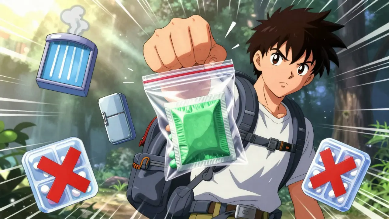 Traveler holding pill bag with desiccant, icons of bad storage methods marked with Xs, sunlight breaking through humid air.