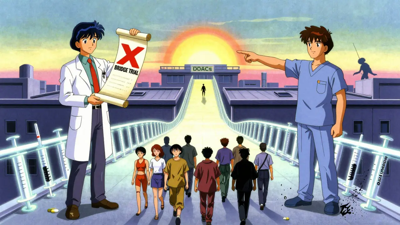 Two doctors debating anticoagulation methods on a symbolic bridge, with patients walking safely toward modern care.