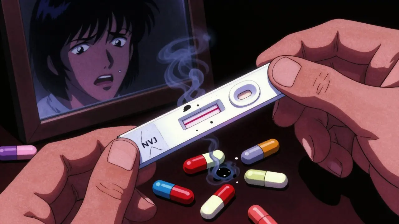 A fentanyl test strip shows a red line beside scattered pills, with dark mist emerging from one cracked pill.